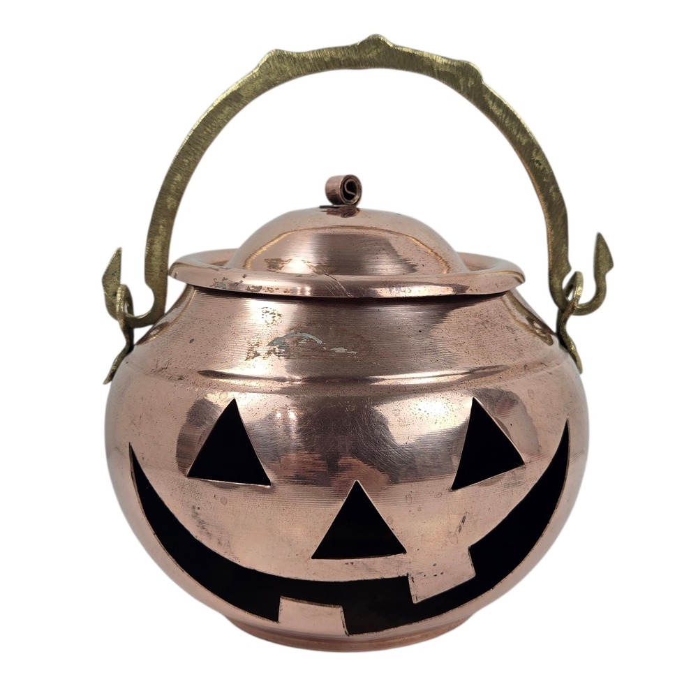 Vtg Copper Pumpkin Jack-O-Lantern Pot w Brass Handle and Patina 6" Rustic Fall